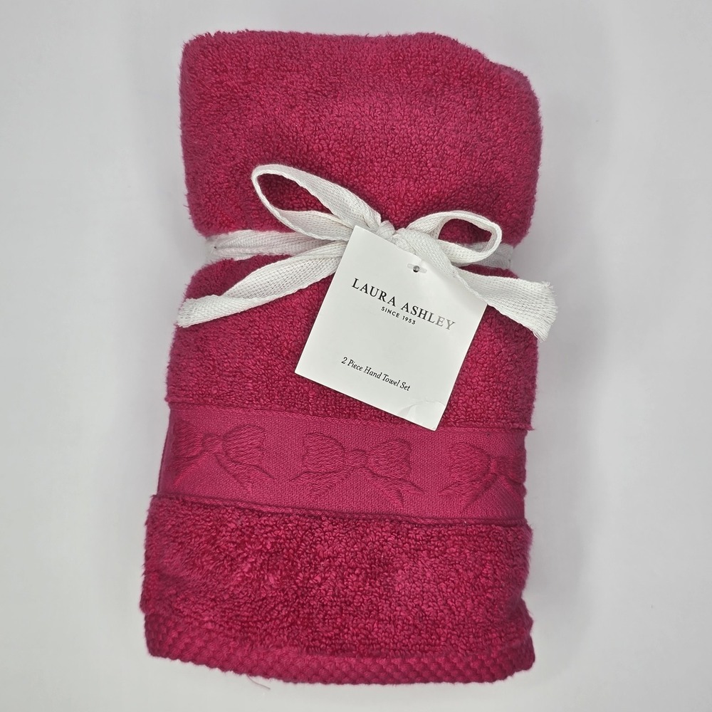 Laura Ashley 2pc Hand Towel Set Hot Pink Fuchsia Bow Embossed 16x30 OEKO-TEX New